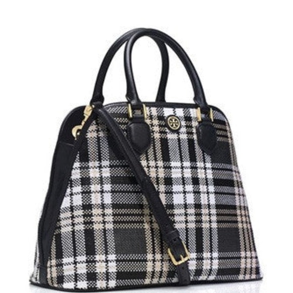 Tory Burch Robinson Plaid Open Dome Satchel Crossbody Handbag